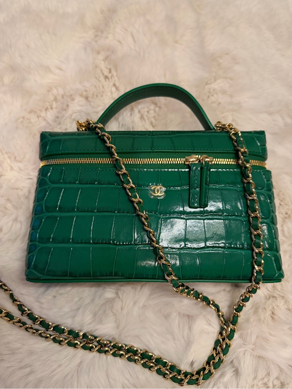 CHANEL Emerald Green Croc-Embossed Slim Vanity Bag with Gold Hardware - Picture 7 of 9